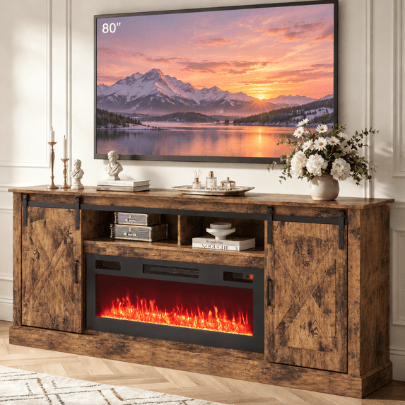 Ktaxon 70" Farmhouse TV Stand with 36" Fireplace Heater, Mid-Century Wood Entertainment Center with Electric Fireplace Mantel for up to 80" TVs, Rustic Brown
