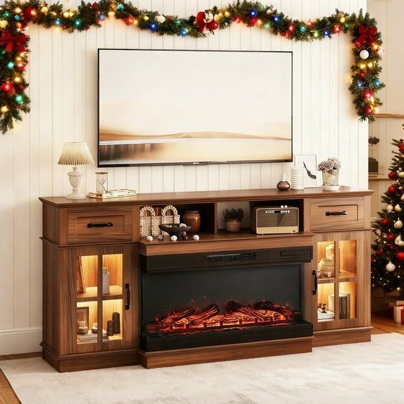 Ktaxon 70-Inches Fireplace TV Stand, Industrial Entertainment Center with 36in Electric Fireplace Heating, 2 Door Storage & Drawers, Walnut Brown