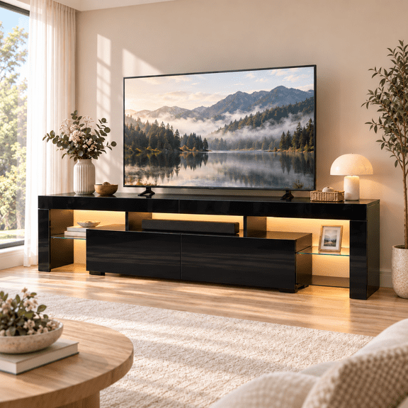 Ktaxon Modern Media Television Stand with RGB Lights, Gaming Entertainment Center 70" LED TV Stand for 65/70/75/80'' TVs for Living Room, Bedroom, Black