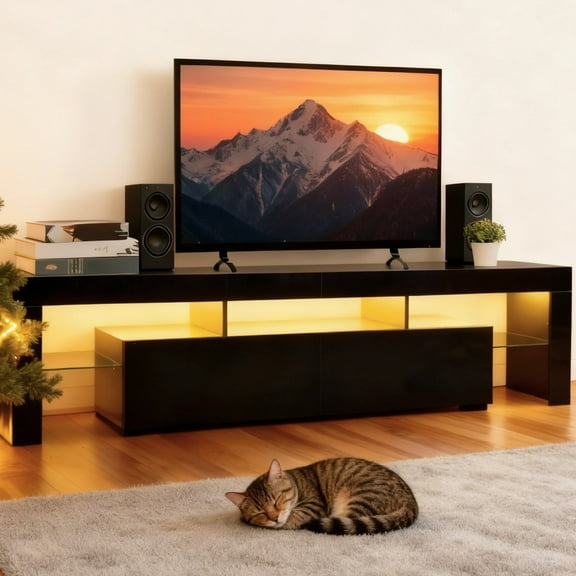 Ktaxon 70" LED TV Stand for 65/70/75'' TVs, Modern Media Television Stand with RGB for up to 80" TVs, Gaming Entertainment Center for Living Room, Bedroom, Black