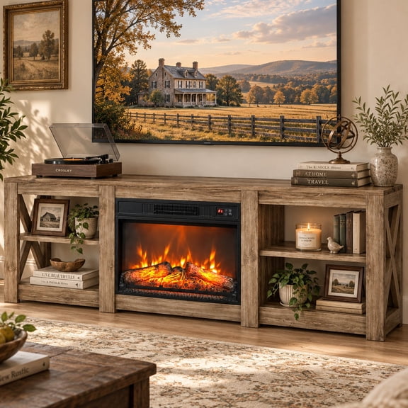 Ktaxon 70 Inch Fireplace TV Stand for TVs Up to 80", Farmhouse Entertainment Center with 23" Electric Fireplace, TV Console with Adjustable Open Storage, Smoke Grey