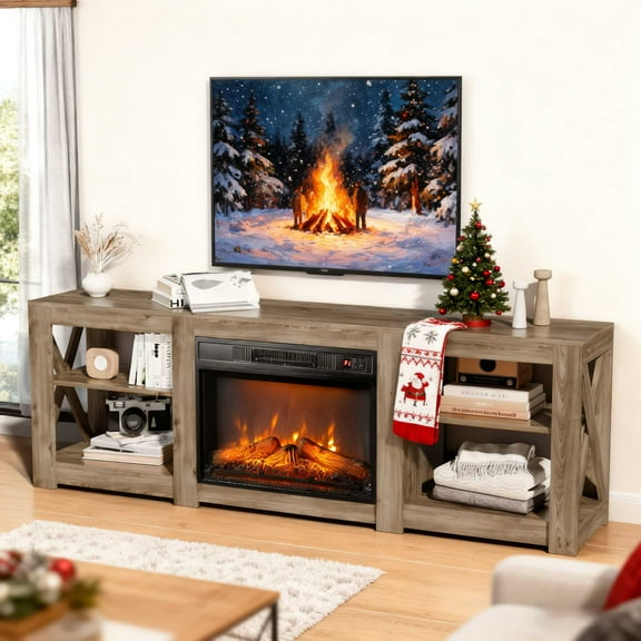 Ktaxon 70" TV Stand with Electric Fireplace Heating, Rustic Entertainment Center with Mantel for 60/65/70/75" TVs, Storage TV Console Media Cabinet, Rustic Grey