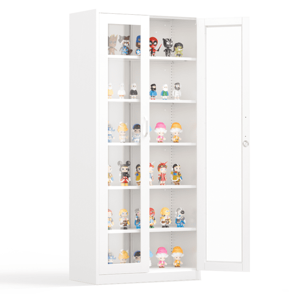 Ktaxon 71" Glass Display Cabinet with Lock, 6-Tier Metal Curio Case, 5 Adjustable Shelves, White