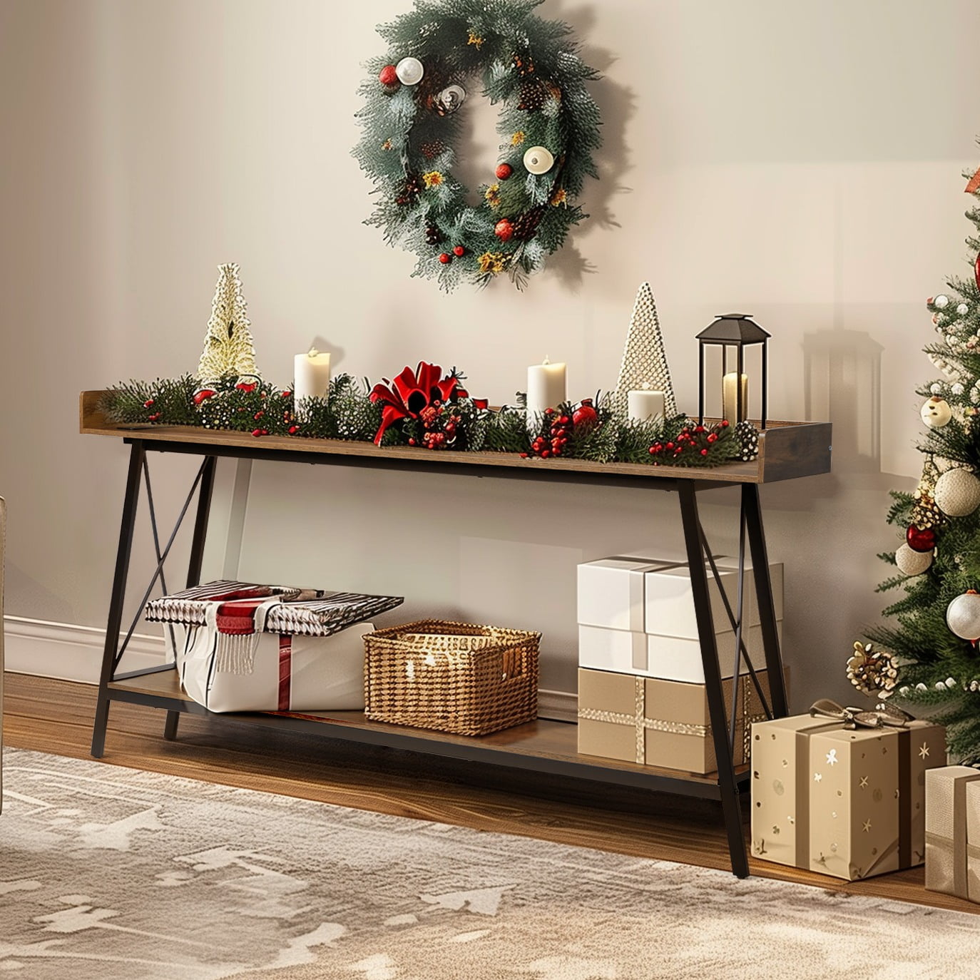 Ktaxon 71in Narrow Console Table with 2 Power Outlets & USB Ports, Rustic Sofa Table Behind Couch for Living Room, Narrow Entryway Hallway Long Bar Table, Brown