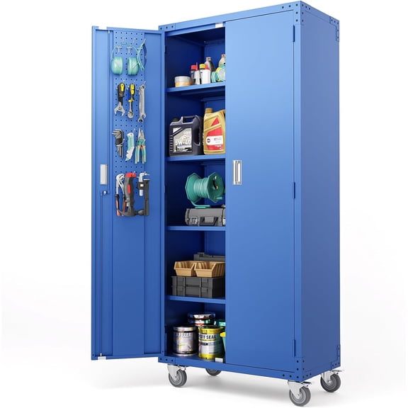 Ktaxon 72''H Garage Storage Cabinet with Pegboards, Metal Storage Cabinet with Wheels, Locking Doors and Adjustable Shelves, Blue