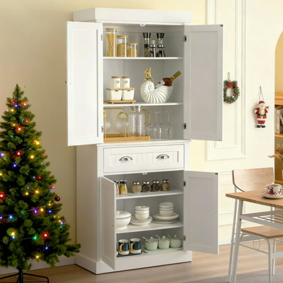 Ktaxon 72"  Kitchen Pantry Storage Cabinet with 4 Doors Large Drawer and Adjustable Shelves for Living Room, White