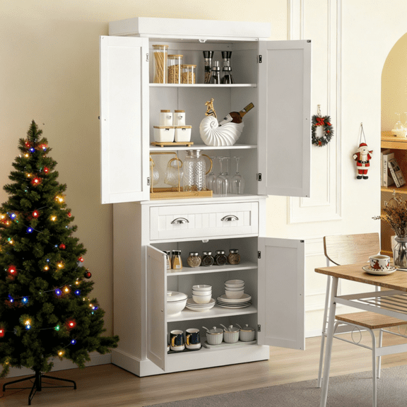 Ktaxon 72" Kitchen Pantry Storage Cabinet with 4 Doors Large Drawer and Adjustable Shelves for Living Room, White