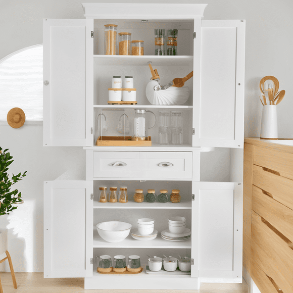 Ktaxon 72"  Kitchen Pantry Storage Cabinet with 4 Doors Large Drawer and Adjustable Shelves for Living Room, White