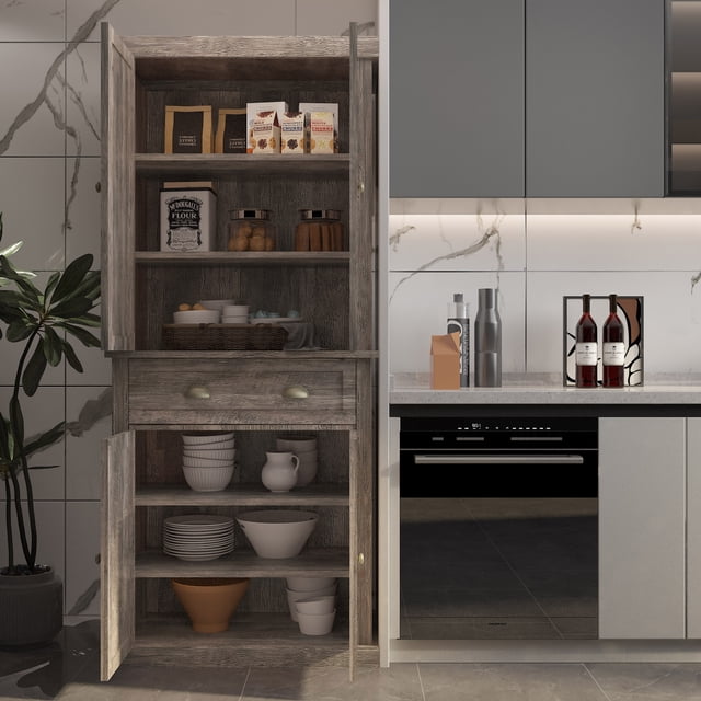Ktaxon 72" Kitchen Pantry Sideboard Storage Cabinet, Bathroom Cabinet with Doors and Shelves and Single Drawer, Oak Gray