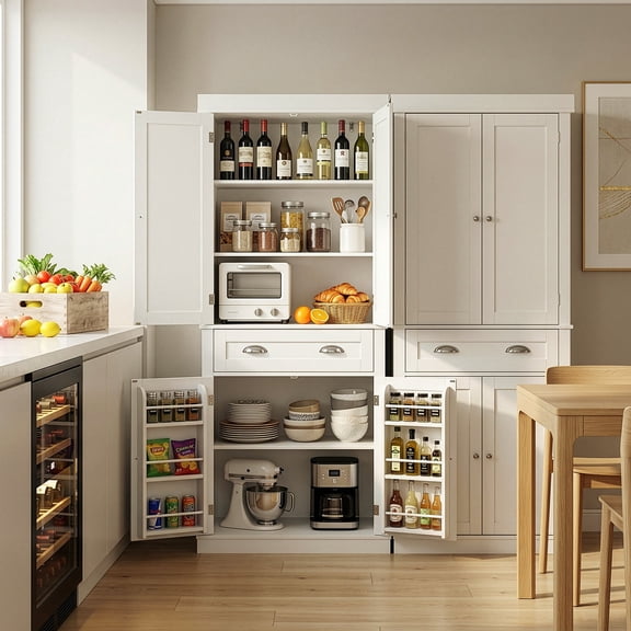 Ktaxon 72" Kitchen Pantry, Modern Freestanding Pantry Cabinet with Spice Rack, Storage Cabinet with 4 Doors, Large Drawer and Adjustable Shelves for Kitchen,Dining Room, White