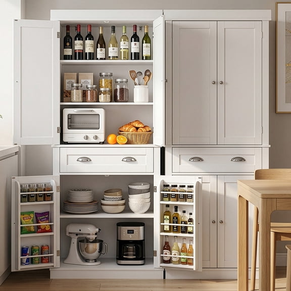 Ktaxon 72" Kitchen Pantry, Modern Freestanding Pantry Cabinet with Spice Rack, Storage Cabinet with 4 Doors, Large Drawer and Adjustable Shelves for Kitchen,Dining Room, White