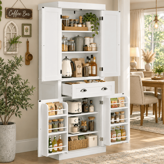 Ktaxon 72" Kitchen Pantry, Modern Freestanding Pantry Cabinet with Spice Rack, Storage Cabinet with 4 Doors, Large Drawer and Adjustable Shelves for Kitchen,Dining Room, White