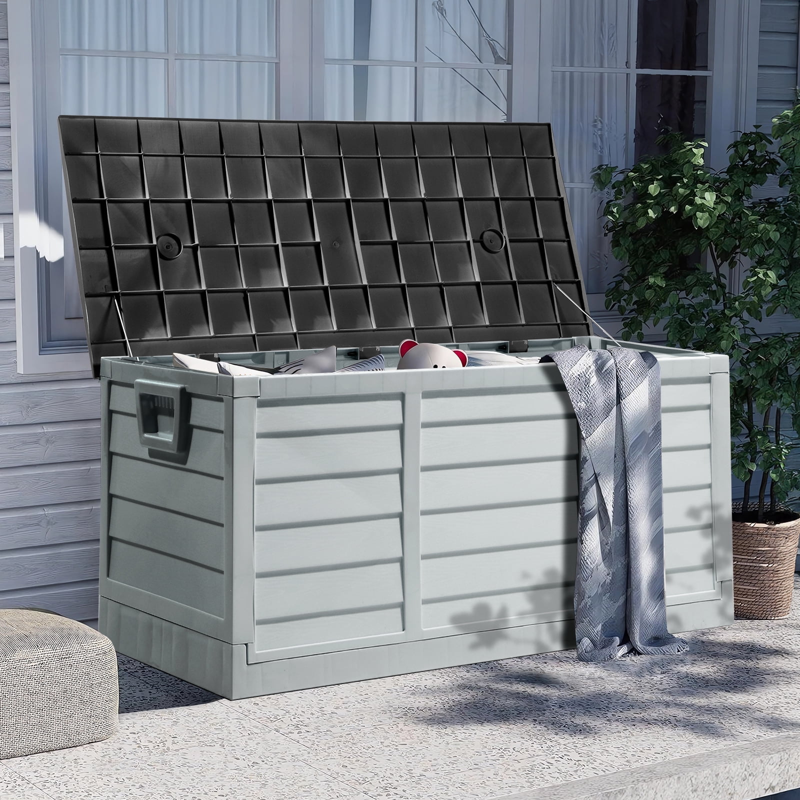 Ktaxon 75gal Outside Patio Container - Black Outdoor Garden Plastic Storage Deck Box for Tools, Cushions, Toys
