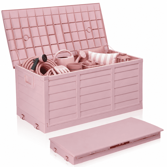 Ktaxon 75gal Outdoor Storage Box, Collapsible Resin Deck Container with Quick Assembly & Compact Fold, Pink
