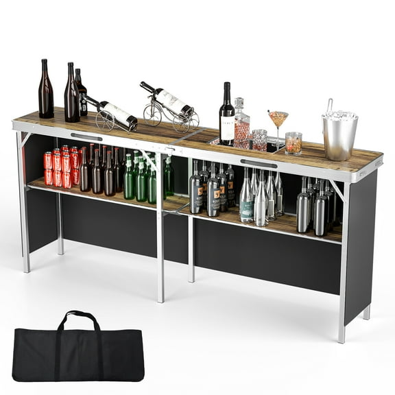 Ktaxon 78" Foldable Bar Table, Mobile Bar with 3-Tier Shelves & Carry Bag - Perfect for Events, Parties, Camping, Picnics, Tradeshows, and Both Outdoor/Indoor Use (Comes with Black Skirt, Woodgrain)