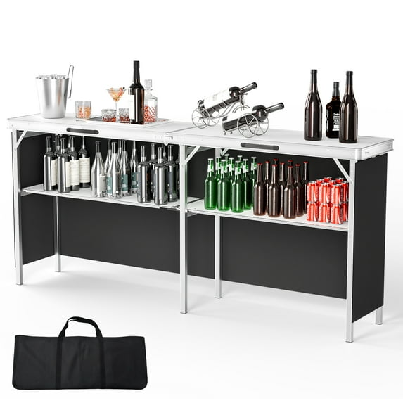 Ktaxon 78" Foldable Bar Table, Mobile Bar with 3-Tier Shelves & Carry Bag - Perfect for Events, Parties, Camping, Picnics, Tradeshows, and Both Outdoor/Indoor Use (Comes with Black Skirt, White)
