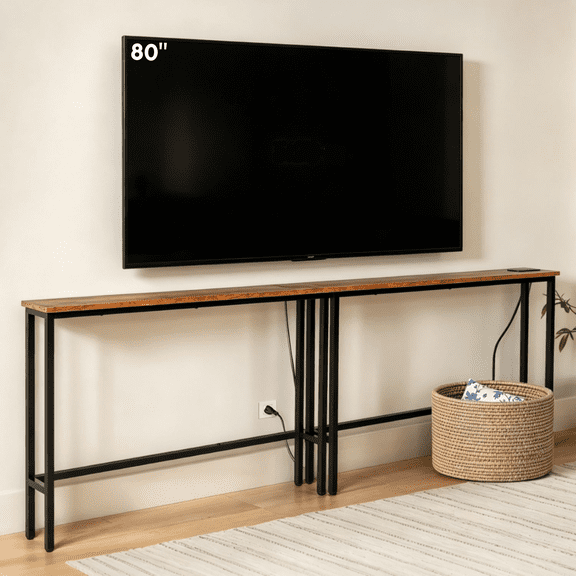 Ktaxon 79in Modern TV Stand for up to 80" TVs, Narrow TV Console Display Sofa Side Table with 2 Charging Station, Adjustable Feet, Rustic Brown