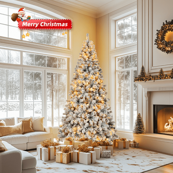 Ktaxon 7FT Pre-lit Christmas Tree, Snow Flocked Artificial Xmas Pine Tree Hinged with 1000 Branch Tips, 400 Lights for Indoor Outdoor Decorations