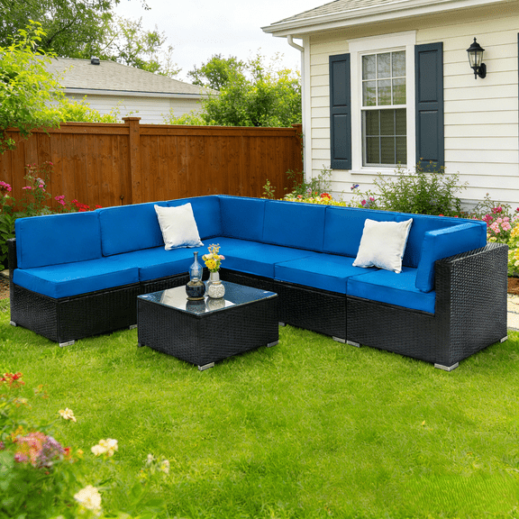 Ktaxon 7pc Outdoor Patio Sectional Sofa Set, Rattan Wicker Furniture All-Weather - Black & Blue