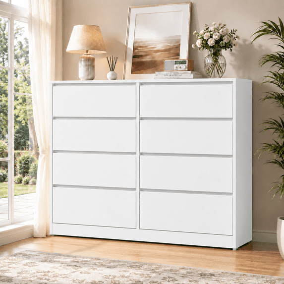 Ktaxon 8 Drawer Double Dresser Wood Dresser Organizer Storage Cabinet Chest of Drawers for Bedroom Hallway Living Room, Pure White