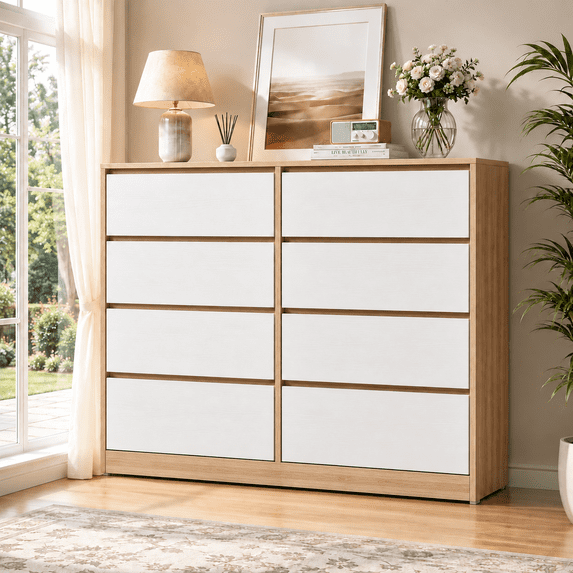 Ktaxon 8 Drawer Double Dresser Wood Dresser Organizer Storage Cabinet Chest of Drawers for Bedroom Hallway Living Room, White