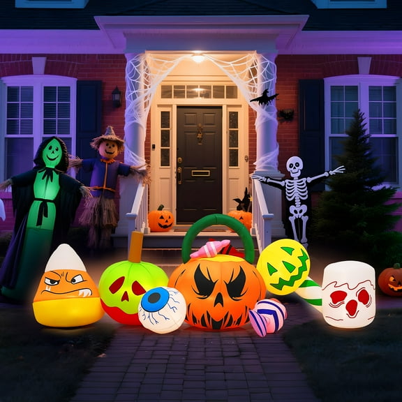 Ktaxon 8' Halloween Inflatables Outdoor Halloween Decoration Pumpkin Candy & Eye with LED Lights 7pcs Blow up LEDs