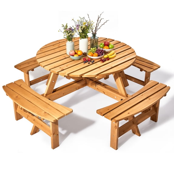Ktaxon 8 Seat Picnic Table with 4 Benches, 70.9in Dining Set for Patio, 2in Umbrella Hole, Teak