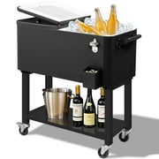 Ktaxon 80 Qt Rolling Ice Chest Cooler Cart Outdoor Trolley with Storage Shelf, Bottle Opener & Cap Collector for 48 Hour Cold Drinks,Black