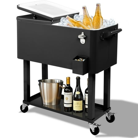 Ktaxon 80 Qt Rolling Ice Chest Cooler Cart Outdoor Trolley with Storage Shelf, Bottle Opener & Cap Collector for 48 Hour Cold Drinks,Black