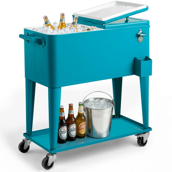 Ktaxon 80 Qt Rolling Ice Chest Cooler Cart Outdoor Trolley with Storage Shelf, Bottle Opener & Cap Collector for 48 Hour Cold Drinks, Blue-Green