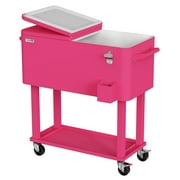 Ktaxon 80 Qt Rolling Ice Chest Cooler Cart Outdoor Trolley with Storage Shelf, Bottle Opener & Cap Collector for 48 Hour Cold Drinks,Bright Pink