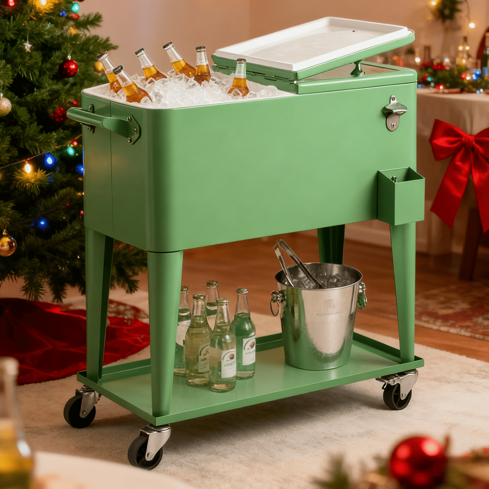 Ktaxon 80 Qt Rolling Ice Chest Cooler Cart Outdoor Trolley with Storage Shelf, Bottle Opener & Cap Collector for 48 Hour Cold Drinks,Pea Green