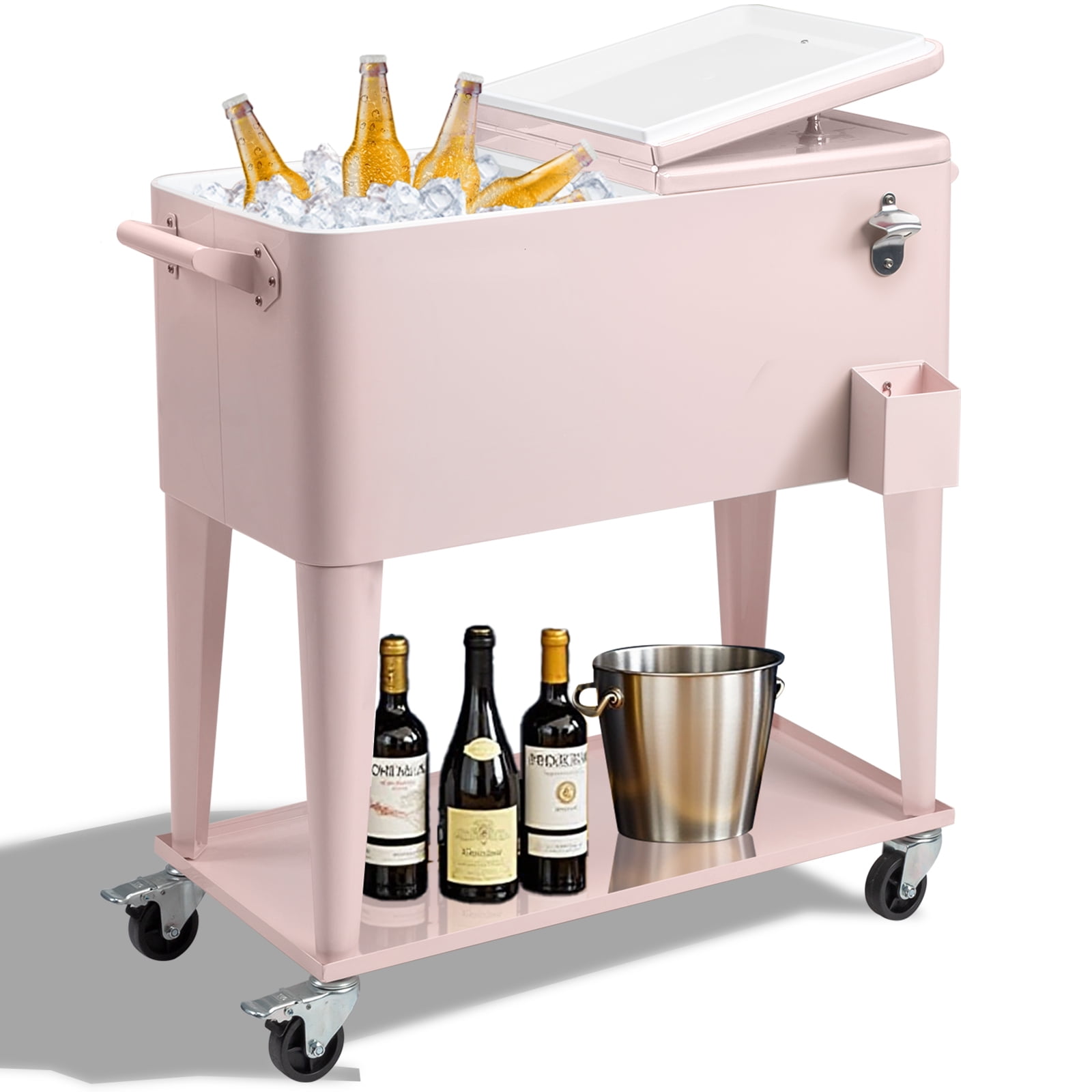 Ktaxon 80 Qt Rolling Ice Chest Cooler Cart Outdoor Trolley with Storage Shelf, Bottle Opener & Cap Collector for 48 Hour Cold Drinks, Pink