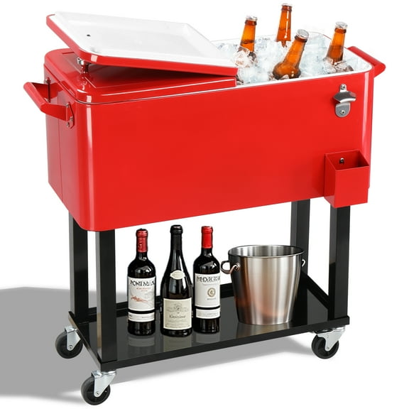 Ktaxon 80 Qt Rolling Ice Chest Cooler Cart Outdoor Trolley with Storage Shelf, Bottle Opener & Cap Collector for 48 Hour Cold Drinks,Red