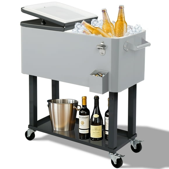 Ktaxon 80 Qt Rolling Ice Chest Cooler Cart Outdoor Trolley with Storage Shelf, Bottle Opener & Cap Collector for 48 Hour Cold Drinks,Silver