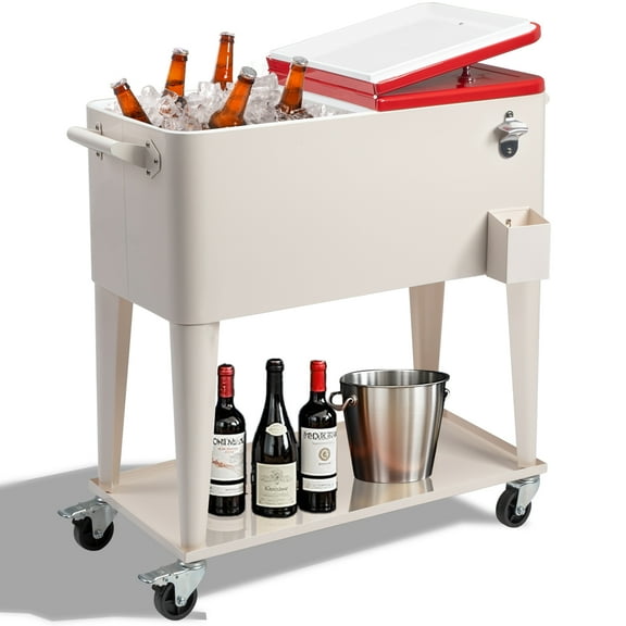 Ktaxon 80 Qt Rolling Ice Chest Cooler Cart Outdoor Trolley with Storage Shelf, Bottle Opener & Cap Collector for 48 Hour Cold Drinks,Red & White