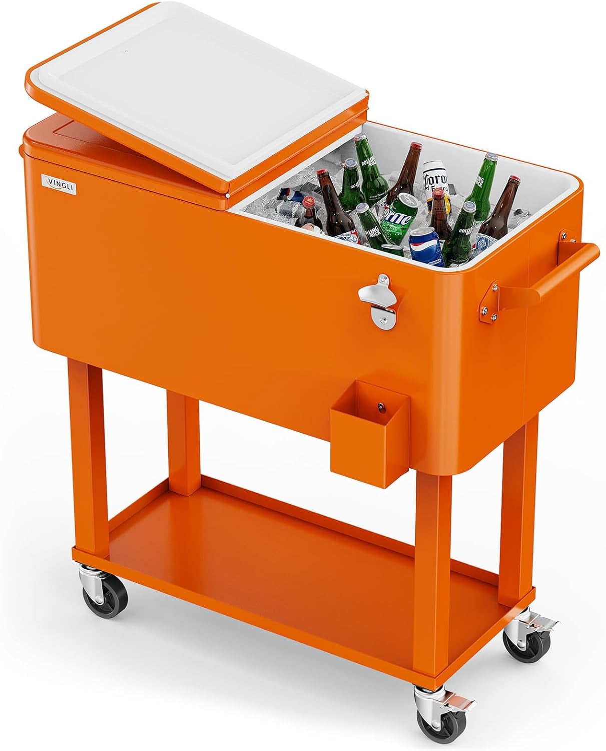 Ktaxon 80 Qt Rolling Ice Chest Cooler Cart Outdoor Trolley with Storage Shelf, Bottle Opener & Cap Collector for 48 Hour Cold Drinks,Orange