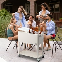 Ktaxon  80 Quart Rolling Ice Chest on Wheels, Portable Patio Party Bar Drink Cooler Cart with Shelf White
