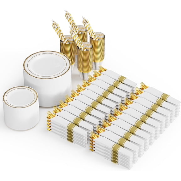 Ktaxon 800 Piece Gold Plastic Dinnerware Set for 100 Guests, Elegant Disposable Plates, 100 Straws, 200 Plates, 100 Cups, 300 Goldware, 100 Pre Rolled Napkins for Party Wedding Anniversary