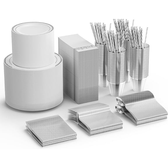 Ktaxon 800 Piece Silver Plastic Dinnerware Set for 100 Guests, Elegant Disposable Plates, 100 Straws, 200 Plates, 100 Cups, 300 Silverware, 100 Napkins for Party Wedding Anniversary