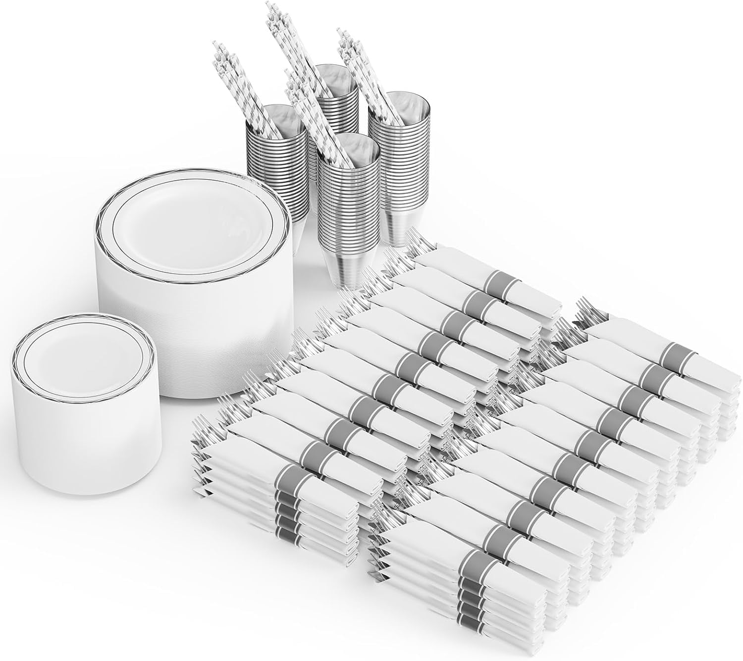 Ktaxon 800 Piece Silver Plastic Dinnerware Set for 100 Guests, Elegant Disposable Plates, 100 Straws, 200 Plates, 100 Cups, 300 Silverware, 100 Pre Rolled Napkins for Party Wedding Anniversary