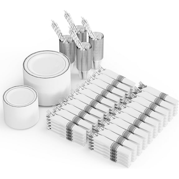 Ktaxon 800 Piece Silver Plastic Dinnerware Set for 100 Guests, Elegant Disposable Plates, 100 Straws, 200 Plates, 100 Cups, 300 Silverware, 100 Pre Rolled Napkins for Party Wedding Anniversary