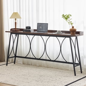 Ktaxon Mid-Century Modern 82-inches Bar table, Long Pub Table with Curved Metal Frame, Rustic Brown Counter Height Desk for Dining Room, Kitchen, Bar, Brown