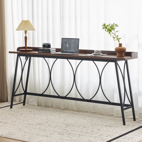 Ktaxon Mid-Century Modern 82-inches Bar table, Long Pub Table with Curved Metal Frame, Rustic Brown Counter Height Desk for Dining Room, Kitchen, Bar, Brown