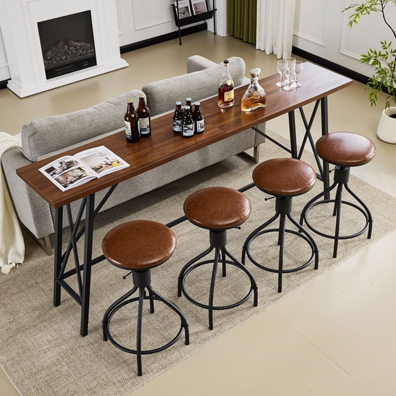Ktaxon Mid-Century Modern 84" Bar Table and Chairs Set for 4~6, Pub Set for 4 with PU Padded Barstools Swivel Stool Dining Table Set, Modern Dining Set for 4, Retro Brown