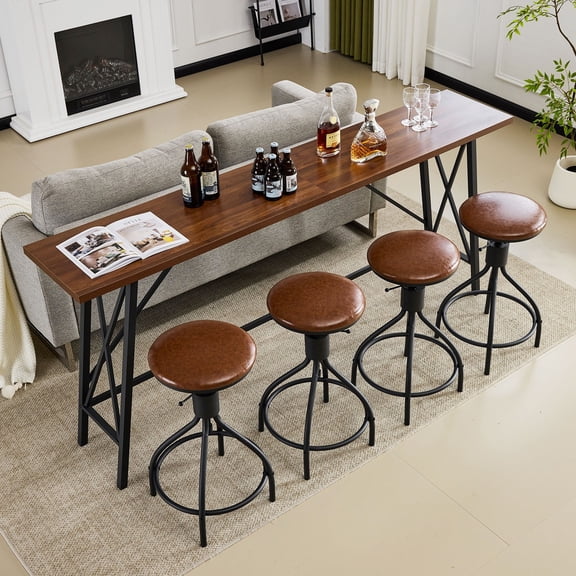 Ktaxon Mid-Century Modern 84" Bar Table and Chairs Set for 4~6, Pub Set for 4 with PU Padded Barstools Swivel Stool Dining Table Set, Modern Dining Set for 4, Retro Brown