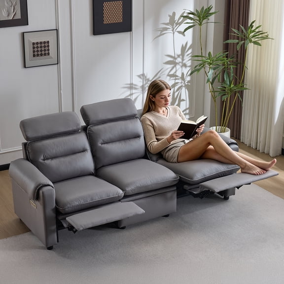 Ktaxon 86.6" 3 Seater Power Reclining Sofa, Modern Electric Recliner Sofa with Gold Foil Fabric, Adjustable Headrest, USB Charging & Storage Dark Gray