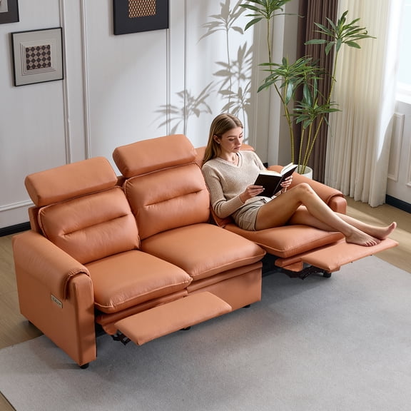 Ktaxon 86.6" 3 Seater Power Reclining Sofa, Modern Electric Recliner Sofa with Gold Foil Fabric, Adjustable Headrest, USB Charging & Storage Orange