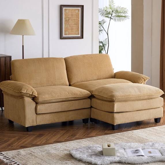 Ktaxon 86" W Sectional Convertible Sofa L Shaped Modular Couch with Chaise Corduroy Sleeper Set with 2 Oversized Seats Khaki