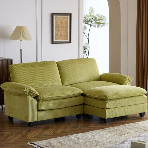 Ktaxon 86" W Sectional Convertible Sofa L Shaped Modular Couch with Chaise Corduroy Sleeper Set with 2 Oversized Seats Olive Green